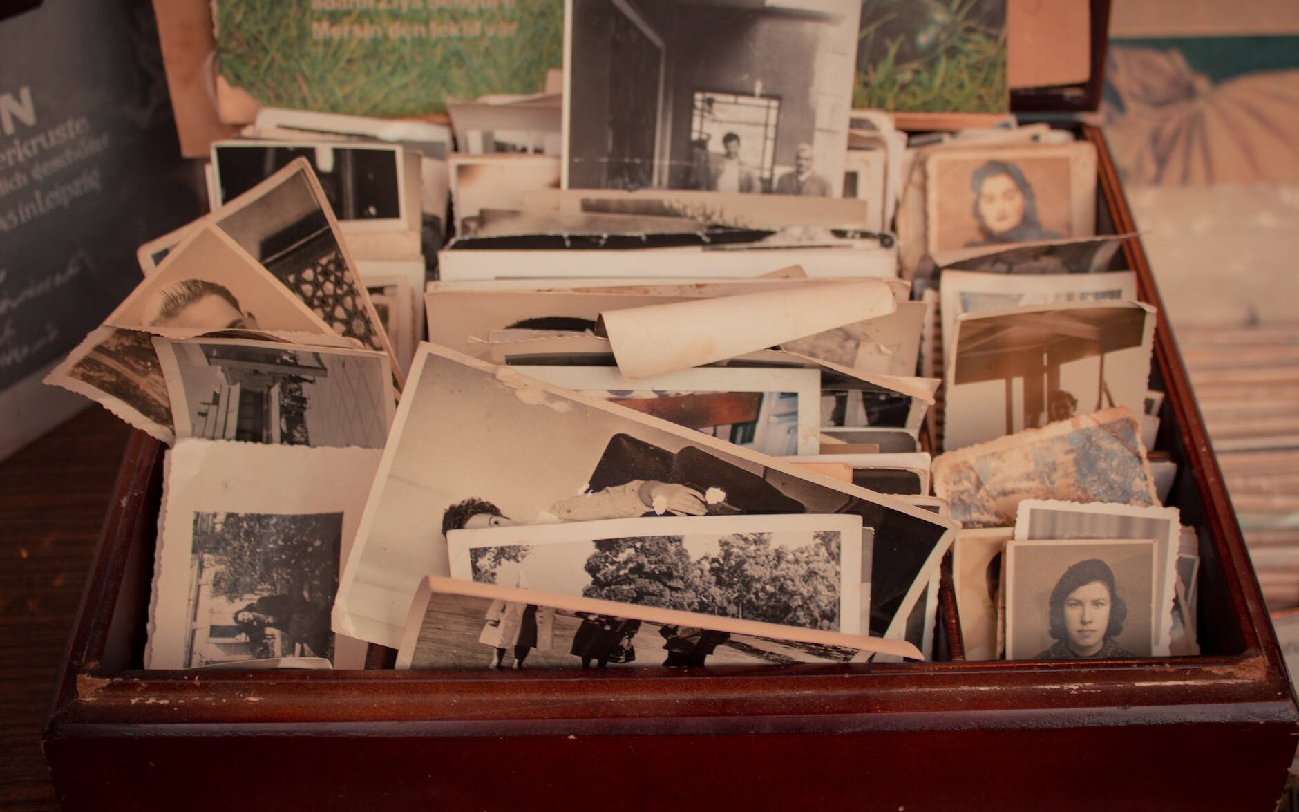 old phots in a brown box